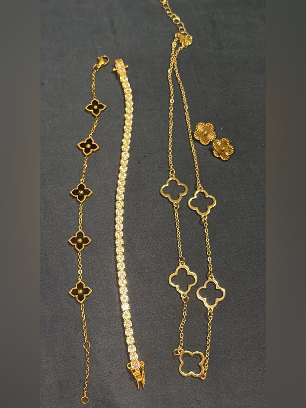Bundle of Gold Jewelries- Tennis bracelet, Clover bracelet,necklace and earrings